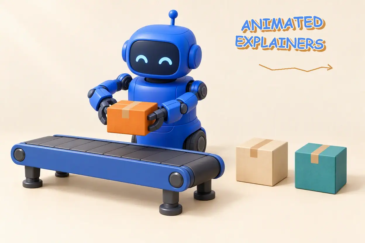 sorting robot; orange held parcel; separate cream and teal parcels; short conveyor. Artwork lettering: ANIMATED EXPLAINERS