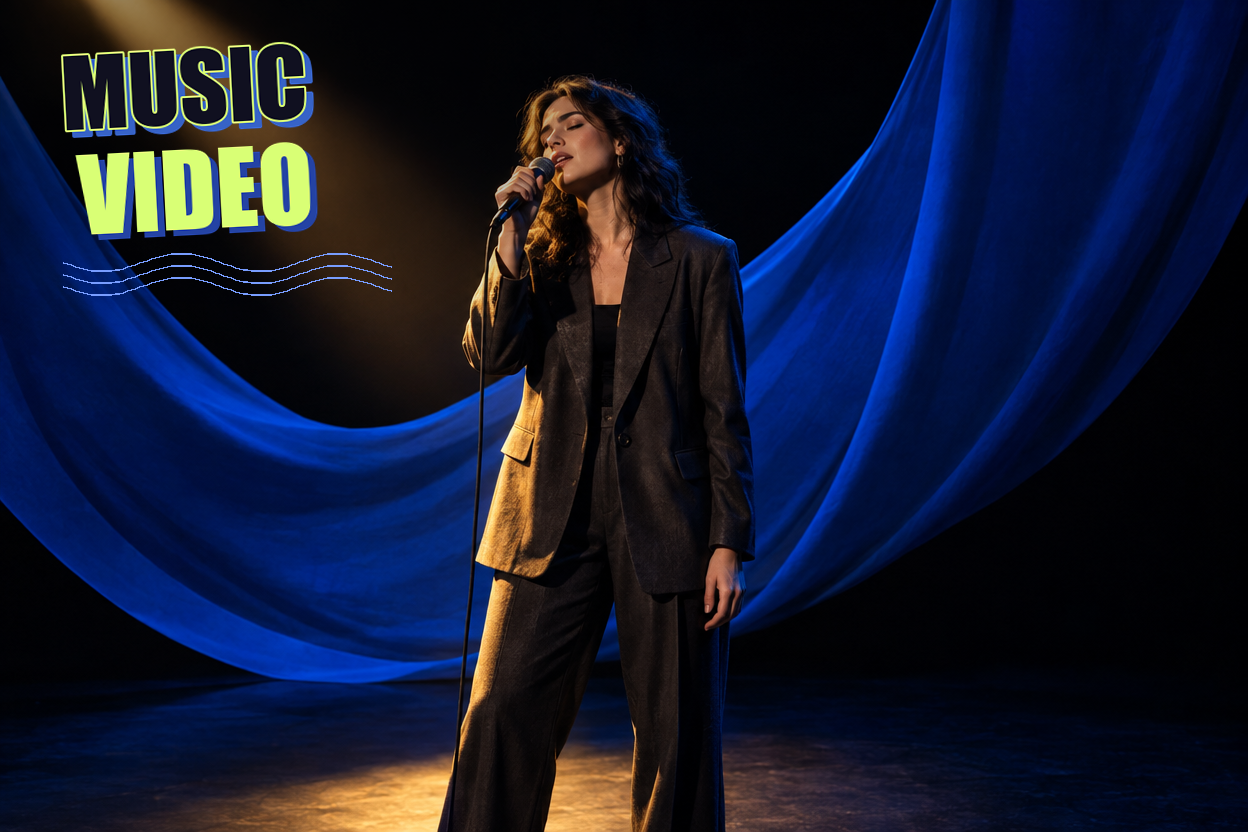 singer; microphone; cobalt fabric; amber stage spotlight. Artwork lettering: MUSIC VIDEO