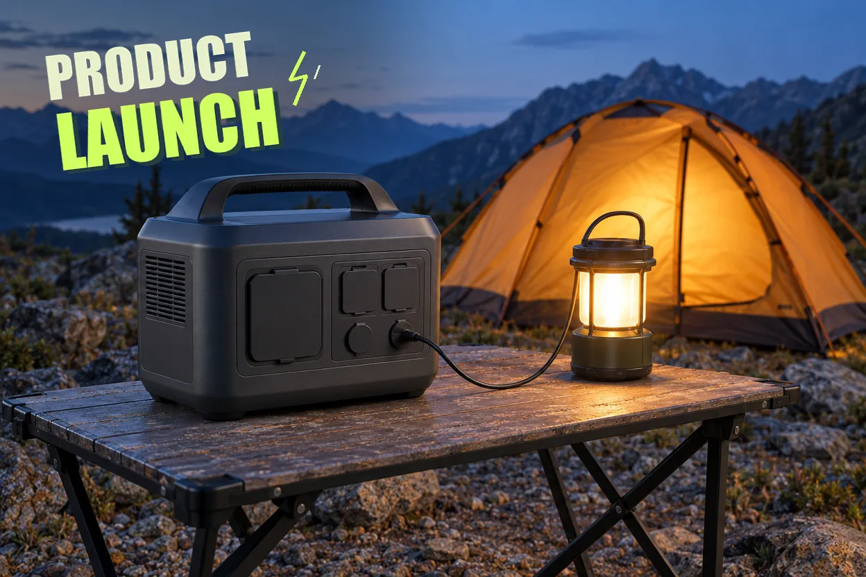 Compact graphite portable power station and camp lantern beside a glowing tent at a mountain campsite. Artwork lettering: PRODUCT LAUNCH